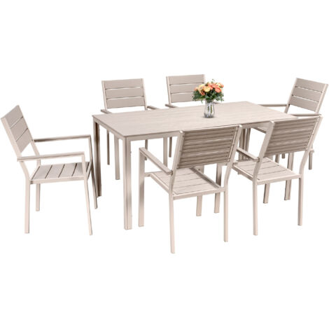 Set Tavolo da Giardino con 6 Sedie in Acciaio e Piano HDPE Effetto Teak, Tavolo Esterno Rettangolare Moderno Resistente alle Intemperie, Arredo Outdoor Terrazzo Balcone Beige