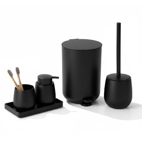 Set Accessori Bagno 6 Pezzi in ABS Completo Pattumiera con Pedale, Scopino WC, Dispenser Sapone, Porta Spazzolini, Bicchiere e Vassoio Antiscivolo Design Moderno e Resistente Nero