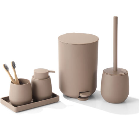 Set Accessori Bagno 6 Pezzi in ABS Completo Pattumiera con Pedale, Scopino WC, Dispenser Sapone, Porta Spazzolini, Bicchiere e Vassoio Antiscivolo Design Moderno e Resistente Caffe