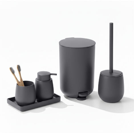 Set Accessori Bagno 6 Pezzi in ABS Completo Pattumiera con Pedale, Scopino WC, Dispenser Sapone, Porta Spazzolini, Bicchiere e Vassoio Antiscivolo Design Moderno e Resistente Grigio