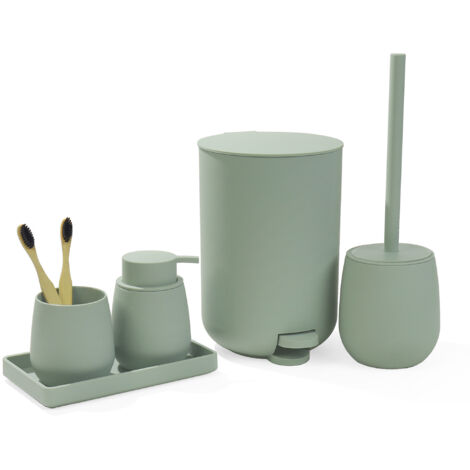 Set Accessori Bagno 6 Pezzi in ABS Completo Pattumiera con Pedale, Scopino WC, Dispenser Sapone, Porta Spazzolini, Bicchiere e Vassoio Antiscivolo Design Moderno e Resistente Salvia