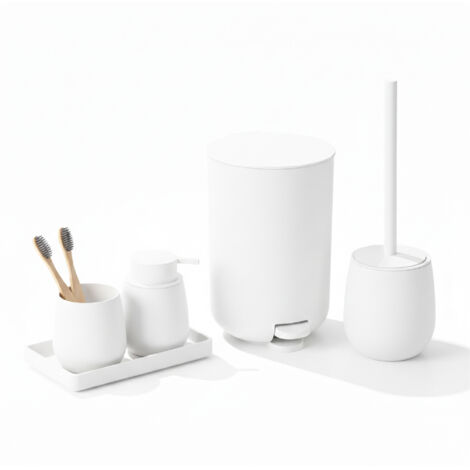 Set Accessori Bagno 6 Pezzi in ABS Completo Pattumiera con Pedale, Scopino WC, Dispenser Sapone, Porta Spazzolini, Bicchiere e Vassoio Antiscivolo Design Moderno e Resistente Bianco