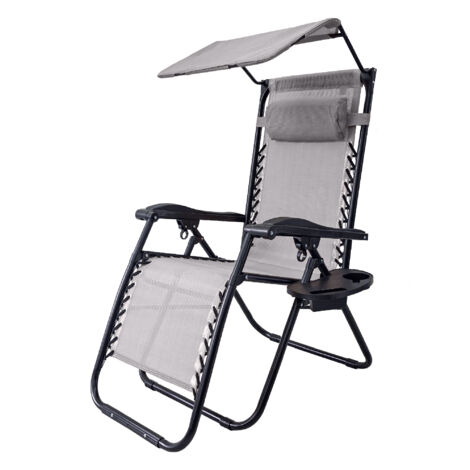 Sedia Sdraio 0 Gravità Pieghevole Professionale con Tettuccio Parasole e Poggiapiedi in Acciaio e Textilene – Reclinabile con Cuscino e Porta Bevande, Ideale per Giardino, Piscina e Campeggio Grigio