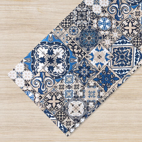 Tappeto passatoia fantasia made in Italy antiscivolo lavabile aderente Fantasia Maiolica , Piastrelle Blu - 50x400cm