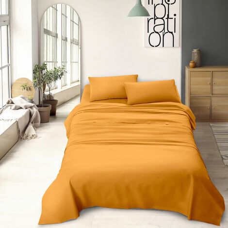 Completo letto matrimoniale a tinta unita set lenzuola Prodotto italiano 100% Cotone Arancioscuro - Matrimoniale