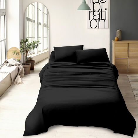 Completo letto matrimoniale a tinta unita set lenzuola Prodotto italiano 100% Cotone Nero - Matrimoniale