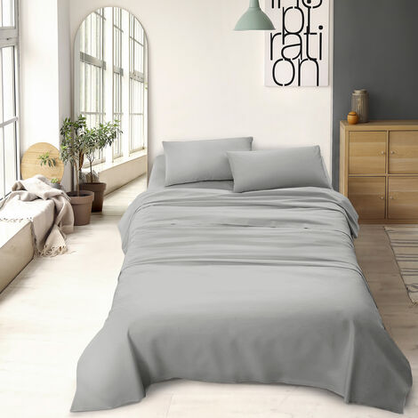 Completo letto matrimoniale a tinta unita set lenzuola Prodotto italiano 100% Cotone Grigio - Matrimoniale