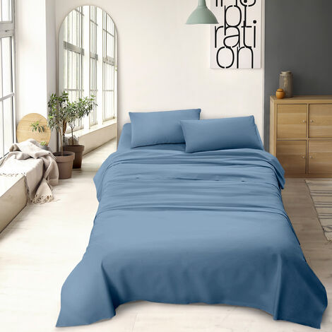 Completo letto matrimoniale a tinta unita set lenzuola Prodotto italiano 100% Cotone Azzurro - Matrimoniale