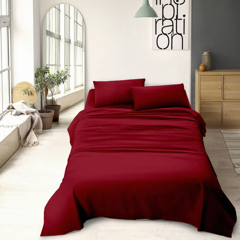 Completo letto matrimoniale a tinta unita set lenzuola Prodotto italiano 100% Cotone Bordeaux - Matrimoniale