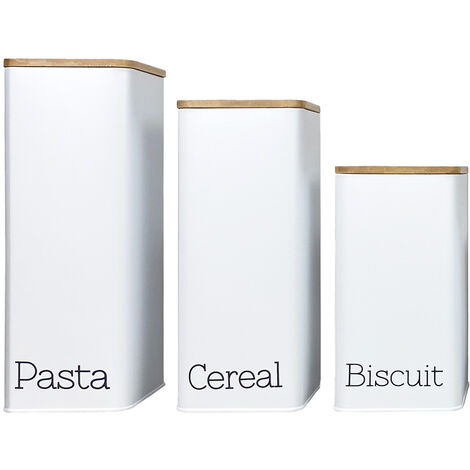 Contenitori Latta Bianchi Cucina Contenitore Certificato Alimenti Barattoli Coperchio In Bamboo Organizer Caffè,Sale,Zucchero Tris Pasta/Cereali/Biscotti