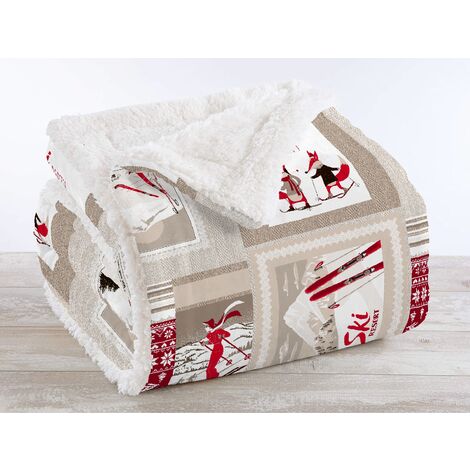 Coperta Plaid in Pile Sherpa Invernale in Finta Pelliccia 320 Gr-Mq Sciare - Una piazza 150x200