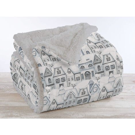 Coperta Plaid in Pile Sherpa Invernale in Finta Pelliccia 320 Gr-Mq Winter Houses - Due piazze 200x230