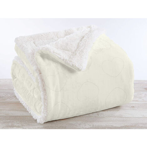 Coperta Plaid in Pile Sherpa Invernale Fantasia Cuori Panna - Plaid 127x152