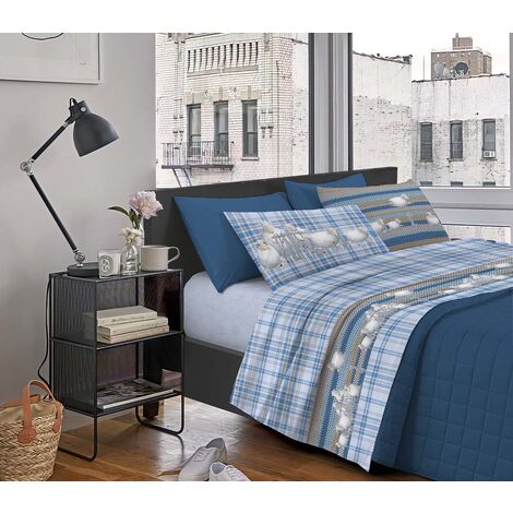 Completo Letto Stampato Made In Italy 100 % Cotone Set Lenzuolo Sopra Sotto Federe Pecorelle Blu - Una piazza e mezza