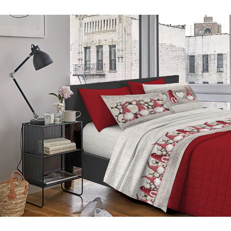 Completo Letto Stampato Made In Italy 100 % Cotone Set Lenzuolo Sopra Sotto Federe Gnomi Rosso - Singolo (1/3)