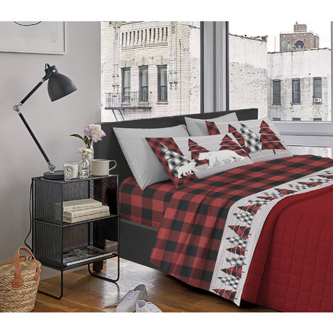 Completo Letto Stampato Made In Italy 100 % Cotone Set Lenzuolo Sopra Sotto Federe Canada Rosso - Singolo