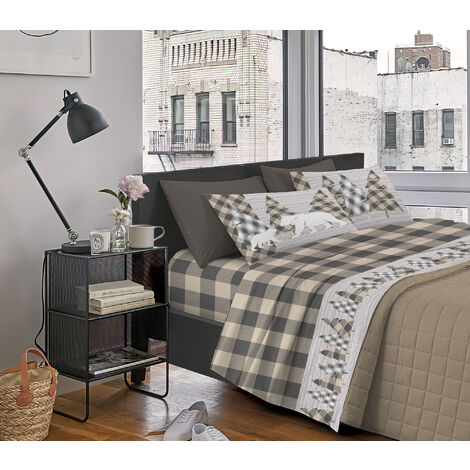 Completo Letto Stampato Made In Italy 100 % Cotone Set Lenzuolo Sopra Sotto Federe Canada Beige - Singolo