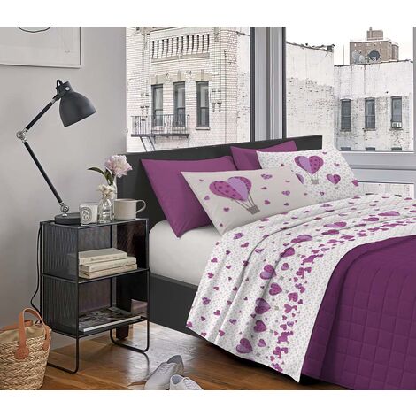 Completo Letto Stampato Made In Italy 100 % Cotone Set Lenzuolo Sopra Sotto Federe Mongolfiera Lilla - Singolo