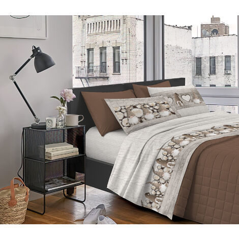 Completo Letto Stampato Made In Italy 100 % Cotone Set Lenzuolo Sopra Sotto Federe Gnomi Beige - Matrimoniale