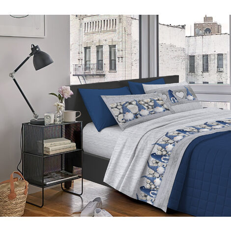 Completo Letto Stampato Made In Italy 100 % Cotone Set Lenzuolo Sopra Sotto Federe Gnomi Blu - Singolo