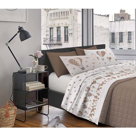 Completo Letto Stampato Made In Italy 100 % Cotone Set Lenzuolo Sopra Sotto Federe Mongolfiera Beige - Singolo