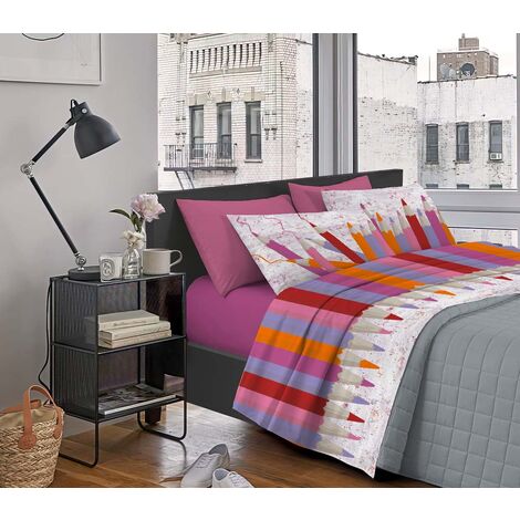 Completo Letto Stampato Made In Italy 100 % Cotone Set Lenzuolo Sopra Sotto Federe Matite Rosa - Singolo