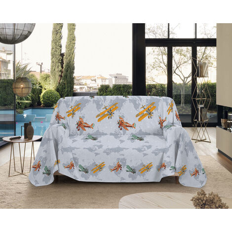 Telo Arredo Made in Italy in Cotone Grandfoulard Copritutto Copridivano Copriletto-Teli Sofà Arredatutto-Drappeggio-Arazzo-Copridivano Grand Foulard Letto Singolo - Aerei Grigio