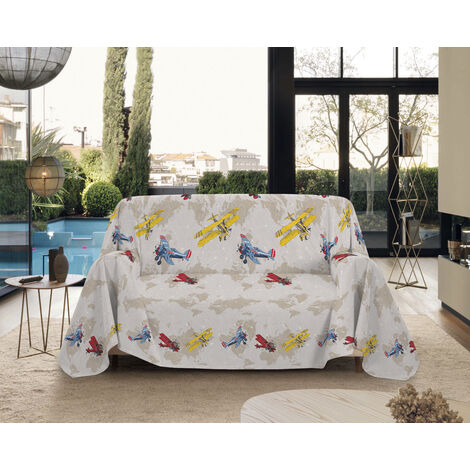 Telo Arredo Made in Italy in Cotone Grandfoulard Copritutto Copridivano Copriletto-Teli Sofà Arredatutto-Drappeggio-Arazzo-Copridivano Grand Foulard Letto Matrimoniale - Aerei Multicolor
