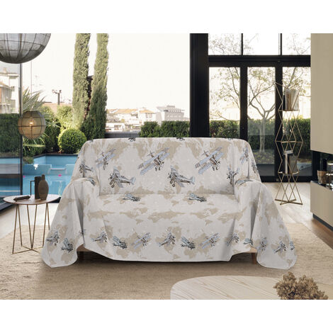 Telo Arredo Made in Italy in Cotone Grandfoulard Copritutto Copridivano Copriletto-Teli Sofà Arredatutto-Drappeggio-Arazzo-Copridivano Grand Foulard Letto Matrimoniale - Aerei Beige