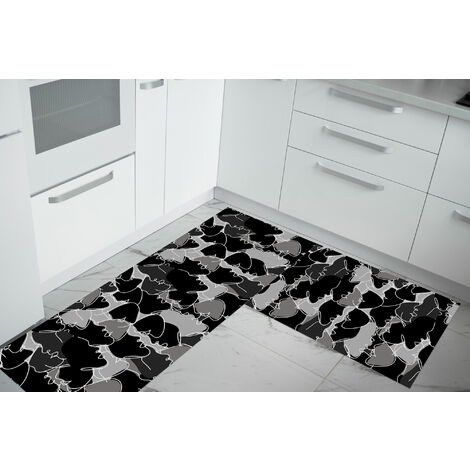 Set di 2 tappeti da cucina antiscivolo e lavabili in lavatrice passatoia multiuso Face Nero - 50x90+50x180