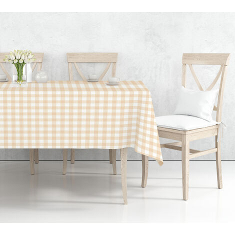 Tovaglia Plastificata Antimacchia Resinata Made In Italy  Quadri Crema - Rotonda 160 cm