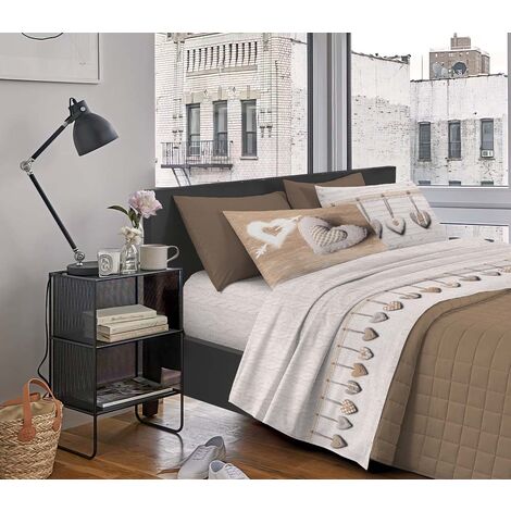 Completo Letto Stampato Made In Italy 100 % Cotone Set Lenzuolo Sopra Sotto Federe Cuori Beige - Matrimoniale