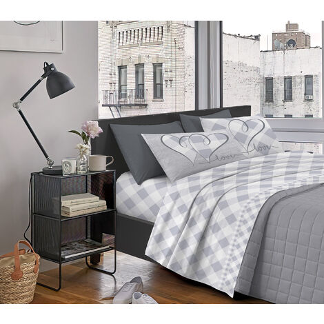 Completo Letto Stampato Made In Italy 100 % Cotone Set Lenzuolo Sopra Sotto Federe Lovelycheck Grigio - Singolo