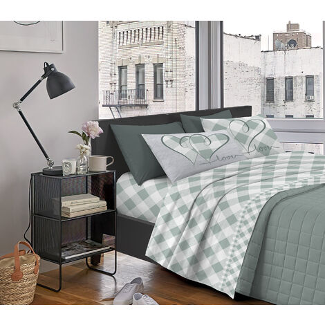 Completo Letto Stampato Made In Italy 100 % Cotone Set Lenzuolo Sopra Sotto Federe Lovelycheck Verde - Matrimoniale