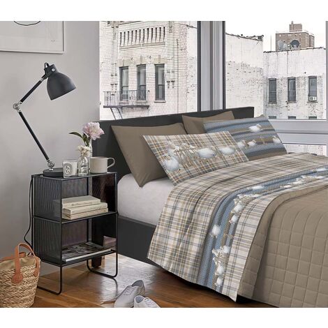 Completo Letto Stampato Made In Italy 100 % Cotone Set Lenzuolo Sopra Sotto Federe Pecorelle Beige - Singolo