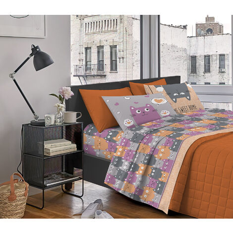 Completo Letto Stampato Made In Italy 100 % Cotone Set Lenzuolo Sopra Sotto Federe CatsArancio - Matrimoniale