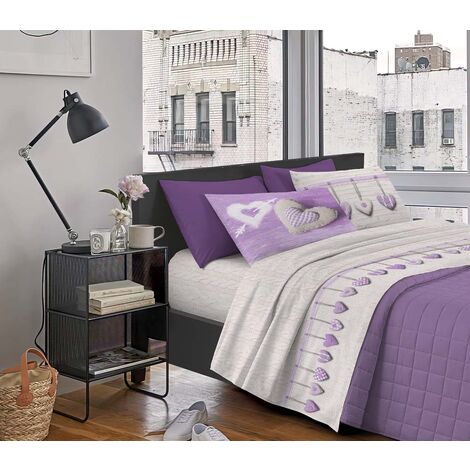 Completo Letto Stampato Made In Italy 100 % Cotone Set Lenzuolo Sopra Sotto Federe Cuori Lilla - Singolo