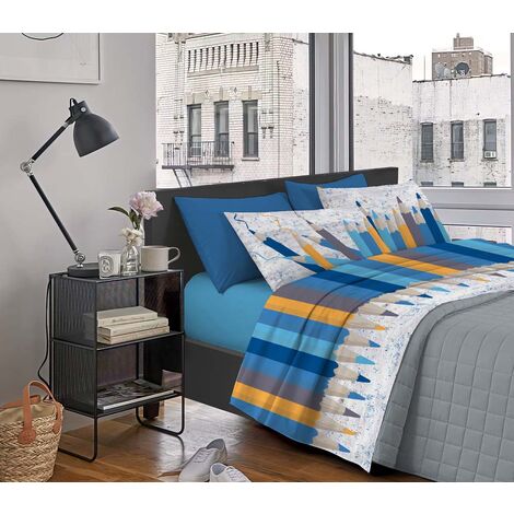 Completo Letto Stampato Made In Italy 100 % Cotone Set Lenzuolo Sopra Sotto Federe Matite Blu - Matrimoniale