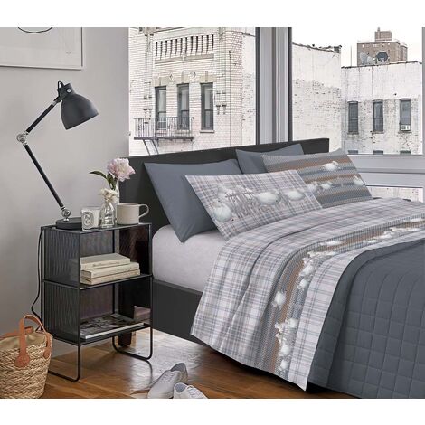 Completo Letto Stampato Made In Italy 100 % Cotone Set Lenzuolo Sopra Sotto Federe Pecorelle Grigio - Singolo