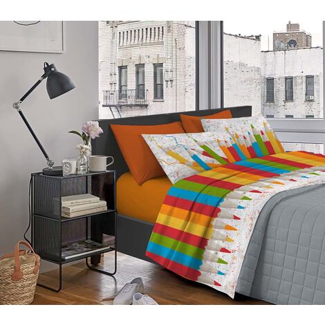Completo Letto Stampato Made In Italy 100 % Cotone Set Lenzuolo Sopra Sotto Federe Matite Multicolor - Matrimoniale