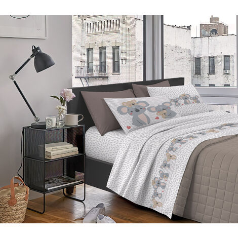 Completo Letto Stampato Made In Italy 100 % Cotone Set Lenzuolo Sopra Sotto Federe Koala Beige - Singolo
