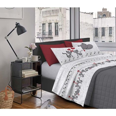 Completo Letto Stampato Made In Italy 100 % Cotone Set Lenzuolo Sopra Sotto Federe Gattini Grigio - Singolo