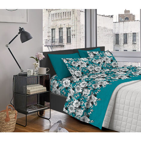 Completo Letto Matrimoniale ,100% Cotone Peonie petrolio