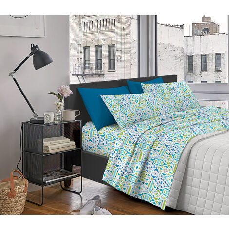 Completo Letto Matrimoniale ,100% Cotone Tiki Azzurro