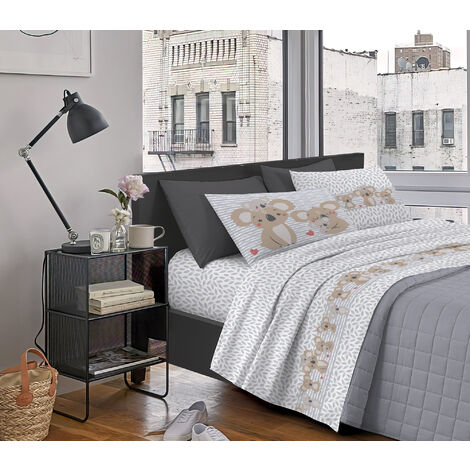 Completo Letto Stampato Made In Italy 100 % Cotone Set Lenzuolo Sopra Sotto Federe Koala Grigio - Singolo