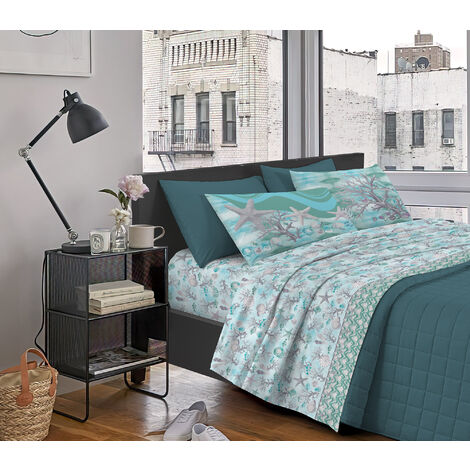 Completo Letto Stampato Made In Italy 100 % Cotone Set Lenzuolo Sopra Sotto Federe Marina Verde - Una piazza e mezza