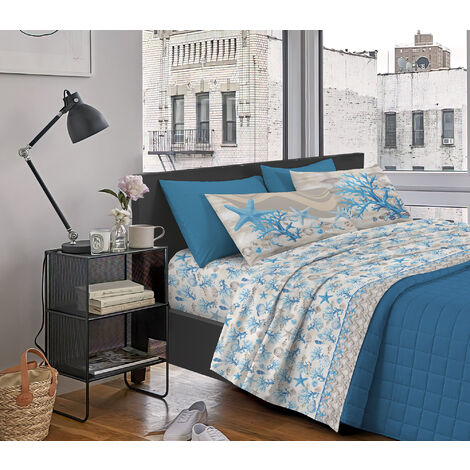 Completo Letto Stampato Made In Italy 100 % Cotone Set Lenzuolo Sopra Sotto Federe Marina Azzurro - Singolo