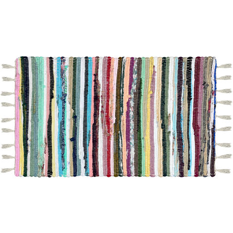 Tappeto Passatoia Multicolore Con Nappe Cotone Naturale Fatto a Mano Etnico Strisce Multicolore Rettangolare Chindi Stracci Riciclato Soggiorno Ingresso Cucina Scendiletto Multicolor - 50x180Cm