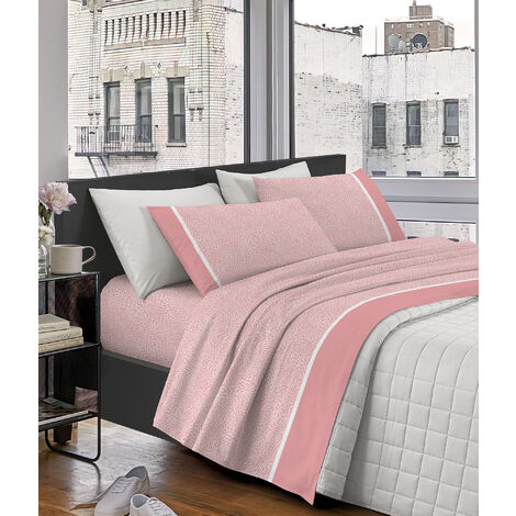 Completo Letto Lenzuola Matrimoniale Elegante,100% Cotone, Set Letto Due Piazze,Tinta Unita Lenzuolo sopra, sotto e Federe Con Bordo Applicato Soft Touch Misure Maxi  Rosa