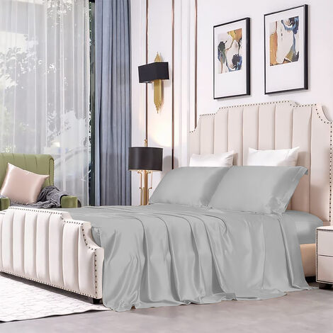 Completo Letto Set Lenzuola 100% Raso Di Cotone Set Lenzuolo Sopra Sotto Matrimoniale Federe Due Piazze Lucido Grigio